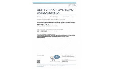 Certyfikat systemu zarządzania ISO 9001:2015 PL