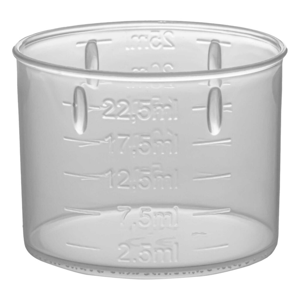 Kieliszek do odmierzania leków o pojemności 25ml  ze skalą 2,5-5,7-10-12,5-15-17,5-20-22,5-25ml